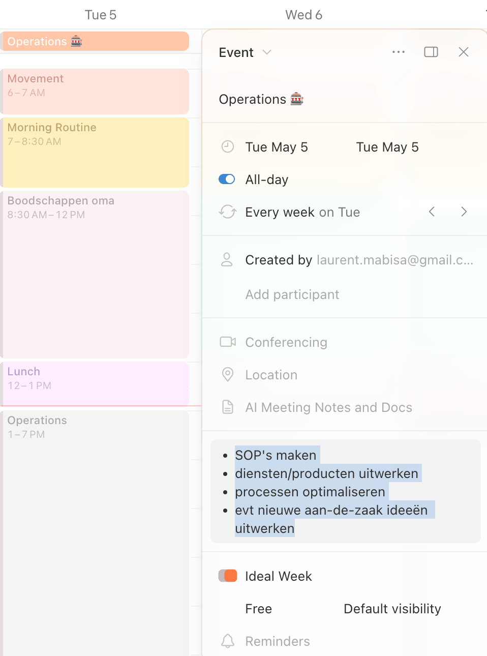 Screenshot van ideale week met beschrijving van een activiteit.